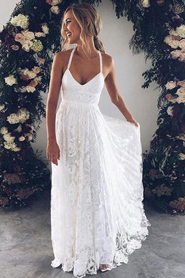 Robes de mariée longues et charmantes en dentelle ivoire, col V, disponibles en ligne