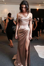 Fashion Satin Off-the-shoulder Side Slit Long Prom Dress with Ruffles