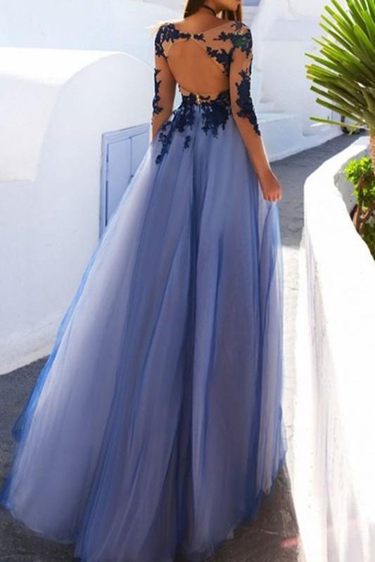 Lace Open Back See Through Long Sleeve Evening Dress, Prom Dresses