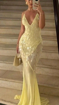Robe de soirée sirène jaune en mousseline à sequins, col V, modèle Y7892