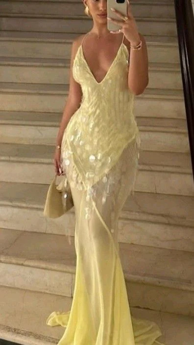 Robe de soirée sirène jaune en mousseline à sequins, col V, modèle Y7892