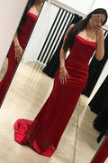 Simple Sheath Spaghetti Straps Lace-Up Sweep Train Long Prom Dress