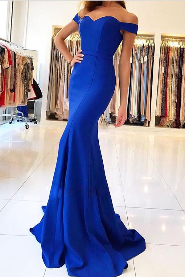 Vestidos de fiesta largos de sirena azul real, sencillos y económicos, con cola, vestidos de noche