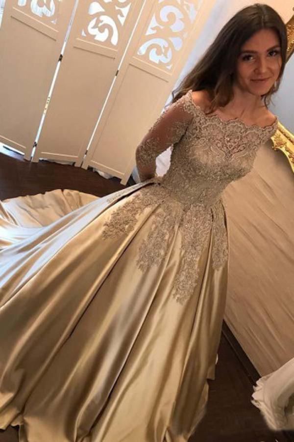Ball Gown Off Shoulder Satin Long Prom Dress, Evening Dress