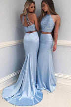 Two Piece Satin Halter Beaded Sleeveless Prom Dress With Sweep Train
