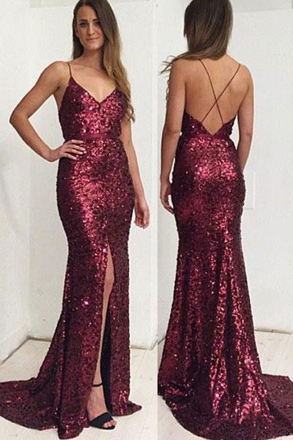 Gorgeous Sequin Mermaid Spaghetti Straps Long Prom Dress with Side Slit