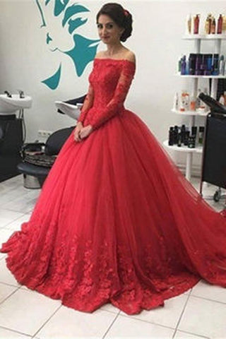 Robe de bal rouge en tulle et dentelle à épaules dénudées, manches longues, robe de mariée 