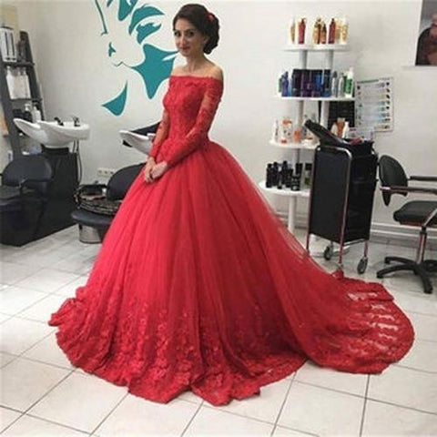 Robe de bal rouge en tulle et dentelle à épaules dénudées, manches longues, robe de mariée 