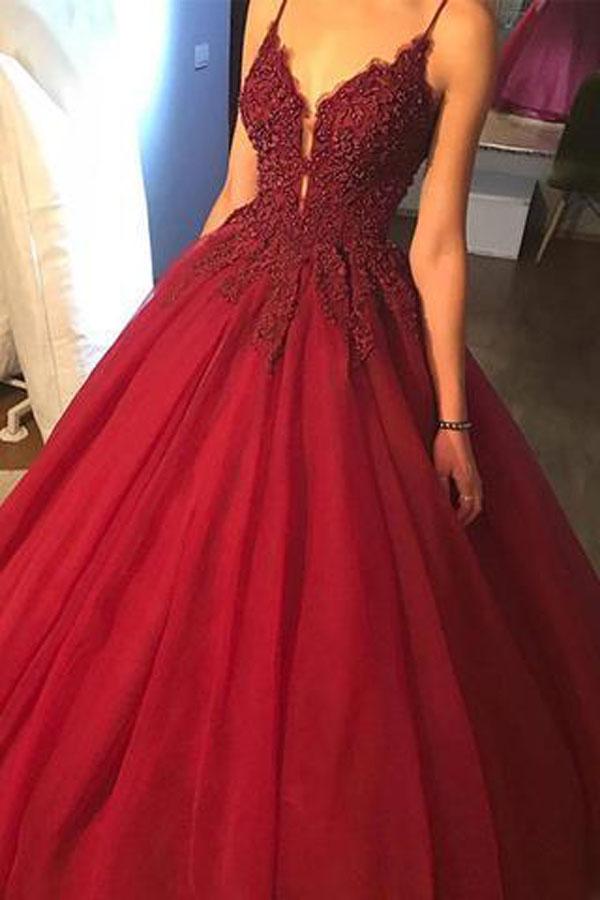 Tulle Spaghetti Straps A Line V-neck Floor Length Long Prom Dresses