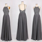 Grey Chiffon Halter Beaded Long Prom Dresses Formal Dress for Girls