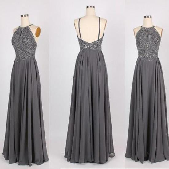 Grey Chiffon Halter Beaded Long Prom Dresses Formal Dress for Girls