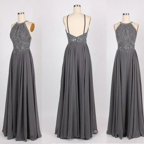 Robe de bal longue grise en mousseline de soie à col halter ornée de perles, robe de soirée pour filles 