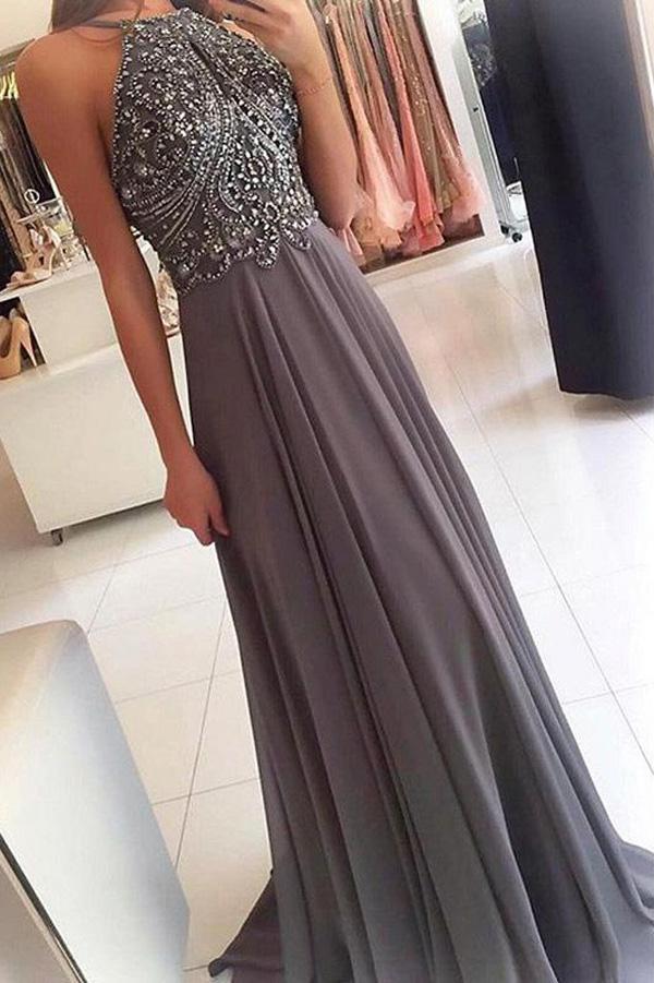 Grey Chiffon Halter Beaded Long Prom Dresses Formal Dress for Girls