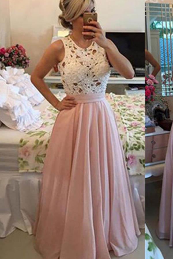 Vestido largo de fiesta de gasa con cuello alto y corte en A hasta el suelo