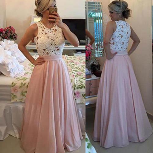 Vestido largo de fiesta de gasa con cuello alto y corte en A hasta el suelo