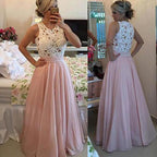 Vestido largo de fiesta de gasa con cuello alto y corte en A hasta el suelo