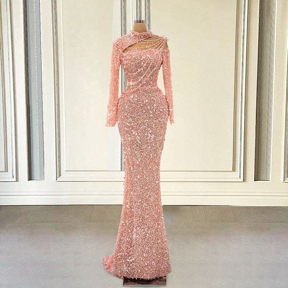 Robe de bal longue sirène rose à paillettes scintillantes pour remise de diplômes, manches longues, robe de soirée de luxe pour femme Y6864