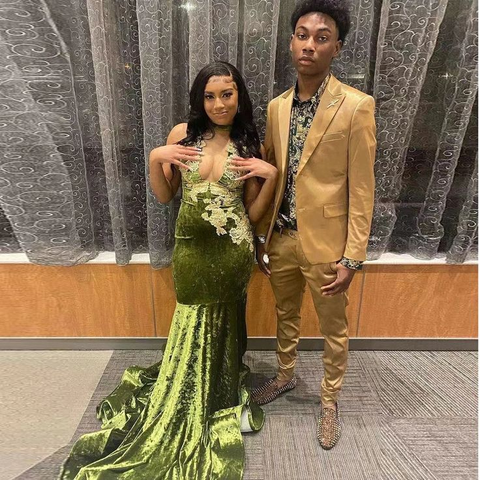 Vestido de graduación africano para chica negra, apliques de terciopelo, escote en V profundo, sexy, estilo sirena, ideal para fiestas y eventos de graduación (modelo Y6345)