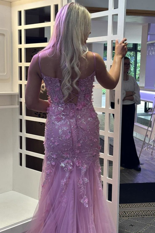 Precioso vestido de noche largo de sirena rosa con tirantes finos, tul y apliques de encaje, modelo Y7851