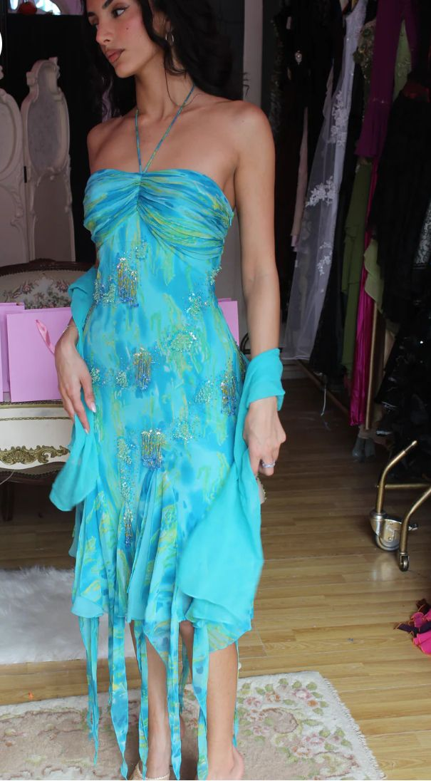 Robe de soirée mi-longue à dos nu unique en mousseline imprimée à sequins Y8345
