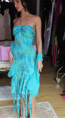 Unique Halter Chiffon Print Sequins Mid Prom Evening Dress Y8345