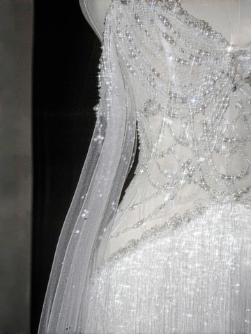 Luxury White Tulle Pearl Bead Chain Beaded Tassel Prom Dress Evening Dress,Off Shoulder Wedding Dress Y8662