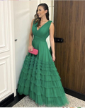 Vestido largo de fiesta verde con escote en V, corte en A, modelo Y4830