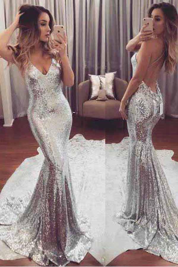 Vestido largo de noche con lentejuelas plateadas, escote sirena en V y espalda descubierta, estilo sirena.