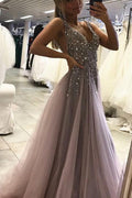 Tulle Beaded Side Split Sleeveless Long Prom Dresses, Party Dress