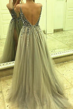 Tulle Beaded Side Split Sleeveless Long Prom Dresses, Party Dress
