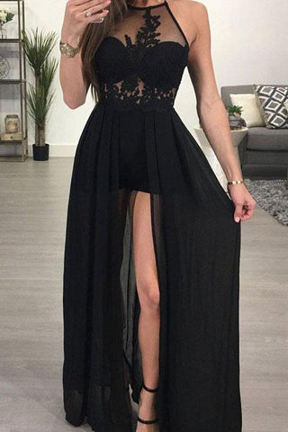 Robe de bal longue noire en mousseline transparente, coupe trapèze, dos nu et fente, très tendance. 