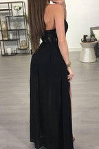 Popular See-through Chiffon A-line Black Halter Long Prom Dresse with Slit