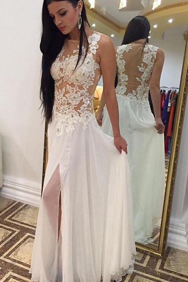 Baoleely White Chiffon High Neck Beaded Floor Length Sleeveless Long Wedding Dresses, MW244