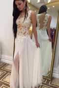 Baoleely White Chiffon High Neck Beaded Floor Length Sleeveless Long Wedding Dresses, MW244