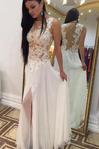 Baoleely White Chiffon High Neck Beaded Floor Length Sleeveless Long Wedding Dresses, MW244
