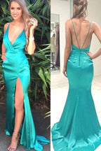 Robe de bal longue Jade fendue, décolleté en V profond et traîne balayée 
