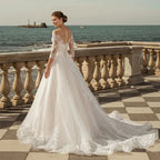 MACDUGAL Exquisite Three-Quarter Sleeves Mopping O-Neck Lace Charming Applique Back Lace Double Button Wedding Dress