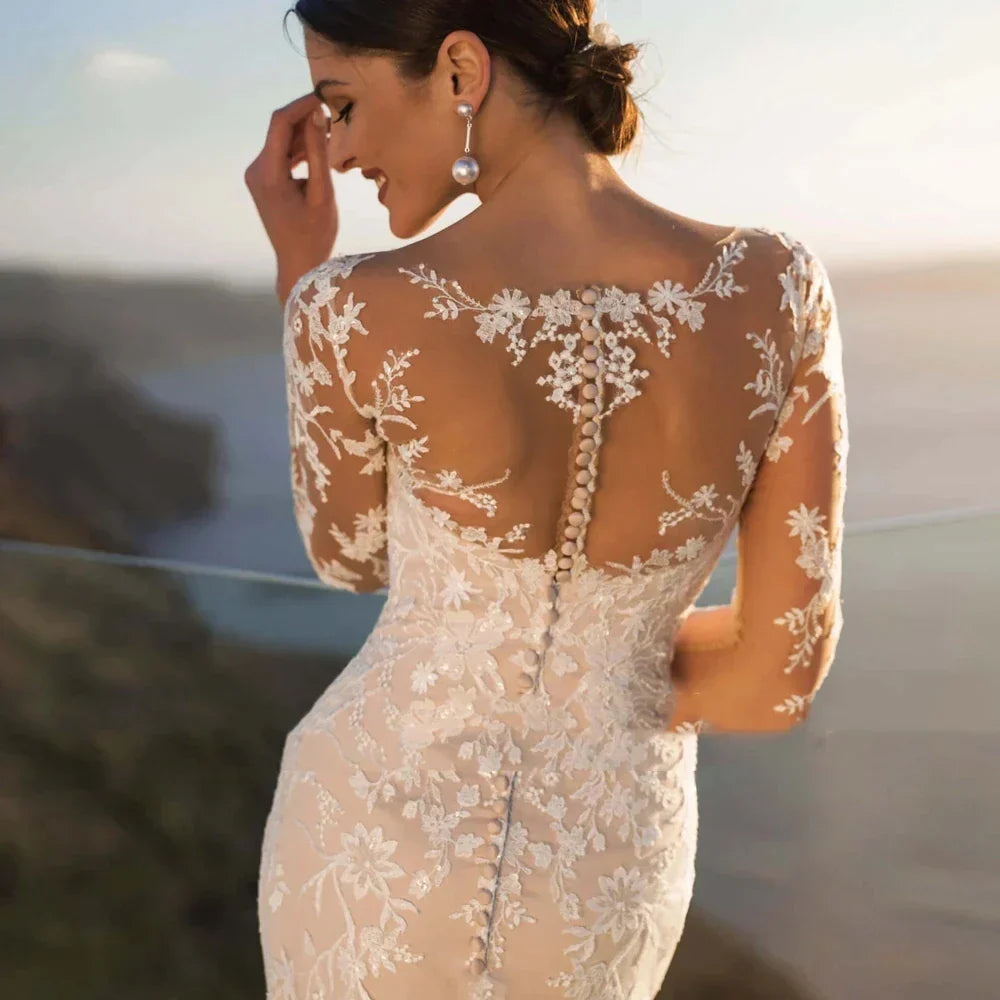 Vestido de novia MACDUGAL 2023 Lujoso, sexy, de encaje, con cola desmontable, elegante, de manga larga y con botones 