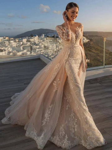 Vestido de novia MACDUGAL 2023 Lujoso, sexy, de encaje, con cola desmontable, elegante, de manga larga y con botones 