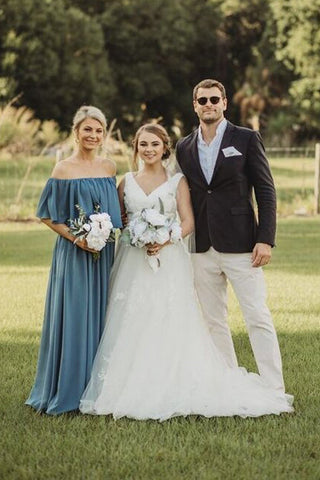 Cheap Long Chiffon Off the Shoulder Slate Mismatched Bridesmaid Dresses