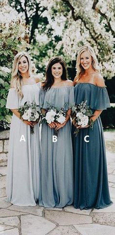 Vestidos de dama de honor largos, baratos, de gasa, con hombros descubiertos, color pizarra y de diferentes estilos. 