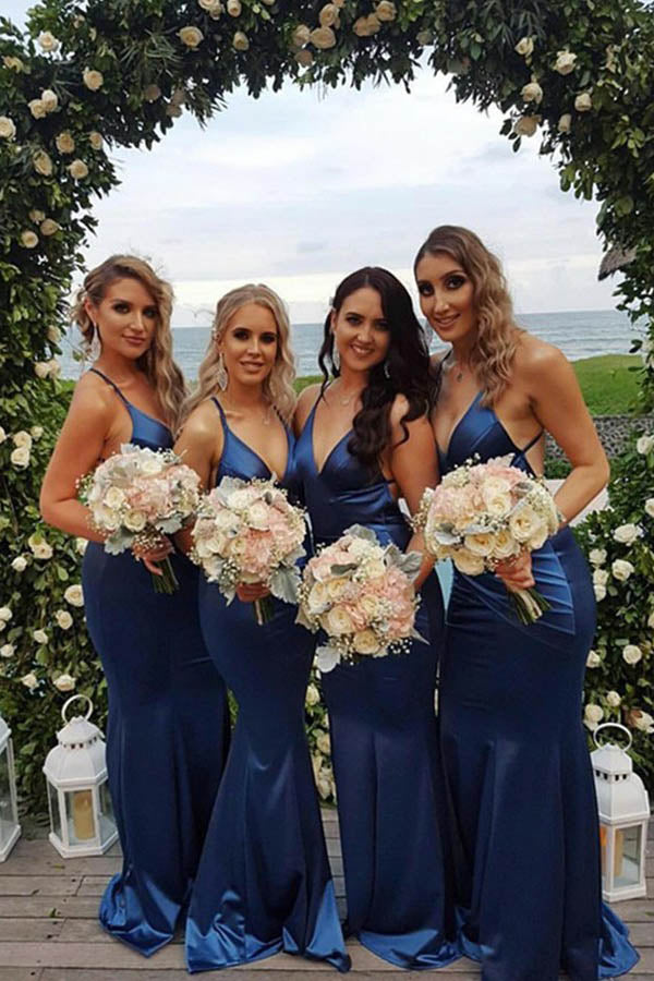 Vestidos largos de dama de honor azules estilo sirena con escote en V, económicos y personalizados 