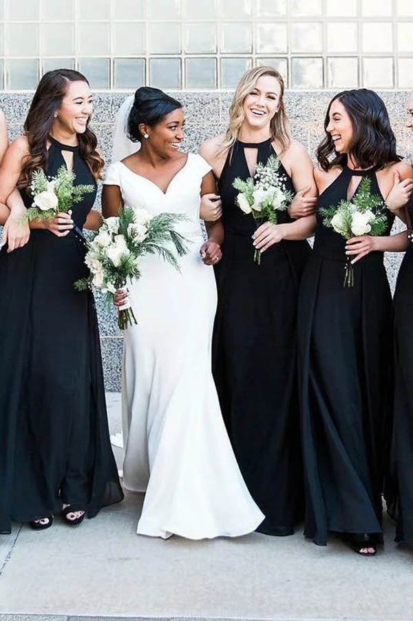 Vestidos largos de gasa negros personalizados para damas de honor 
