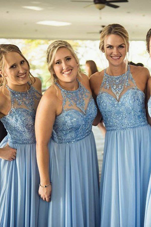Vestidos largos de dama de honor baratos de gasa azul con cuello halter, encaje y cuentas, disponibles en línea 