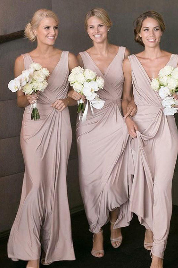 Vestidos de dama de honor largos, sencillos, rosa empolvado, baratos, con tirantes, disponibles en línea 