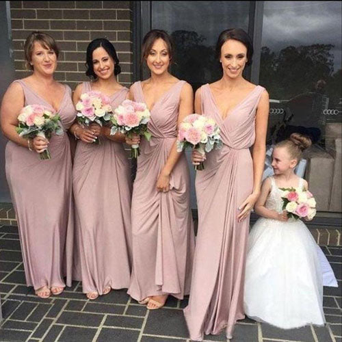 Vestidos de dama de honor largos, sencillos, rosa empolvado, baratos, con tirantes, disponibles en línea 