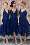 Robes de demoiselle d'honneur bleu marine à col en V, coupe trapèze et dentelle courte, pas chères, en ligne 