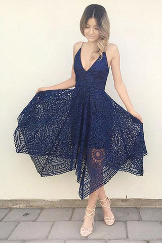 Cheap Navy V-neck Short Lace A-line Bridesmaid Dresses Online