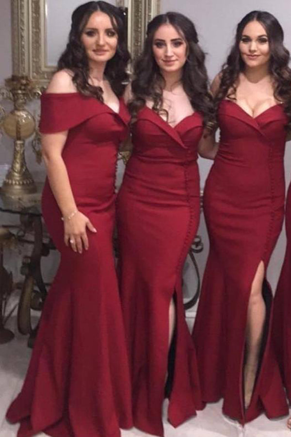 Vestidos largos de dama de honor estilo sirena con hombros descubiertos y abertura lateral a precios económicos disponibles en línea. 