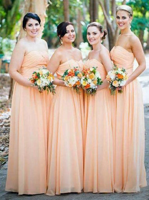 Robes de demoiselle d'honneur longues en mousseline pêche à décolleté cœur à petit prix en ligne 